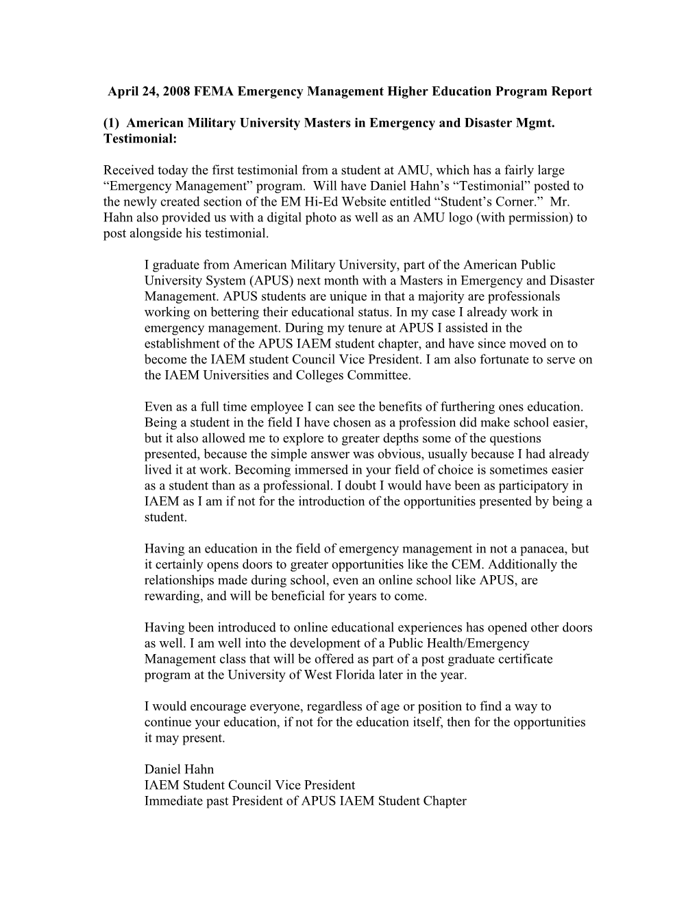 April 24, 2008 FEMA Emergency Management Higher Education Program Report