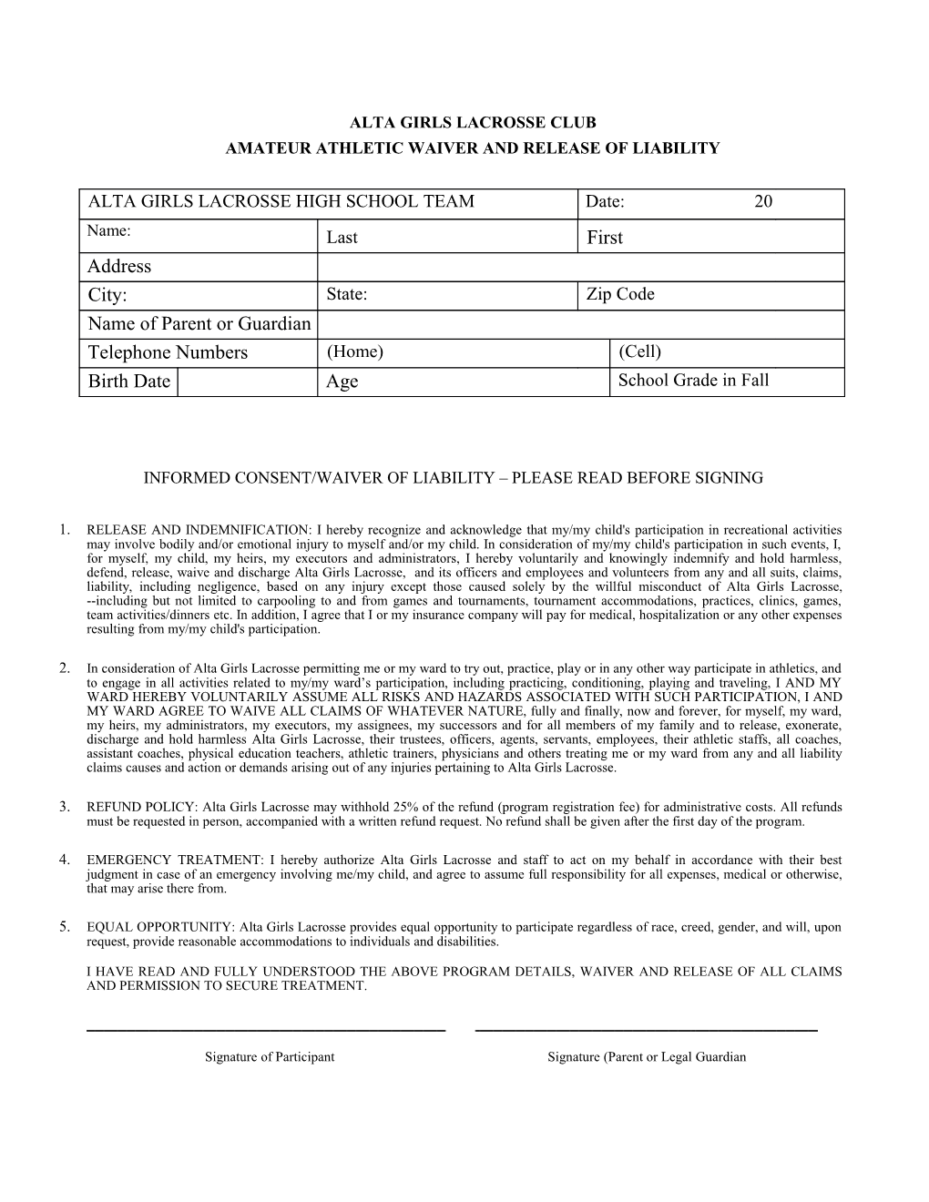 CSD Camps and Clinic Form B 4.24.2012