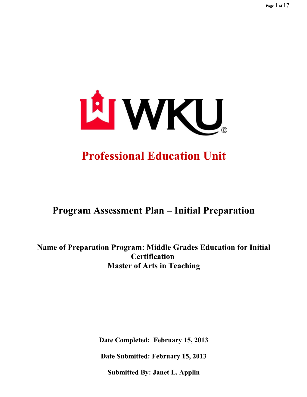 Program Assessment Plan Initial Preparation