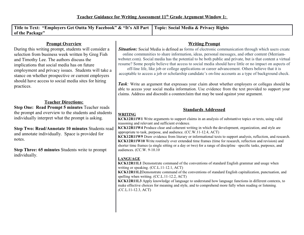 Teacher Guidance for Writing Assessment 11Th Grade Argument Window 1