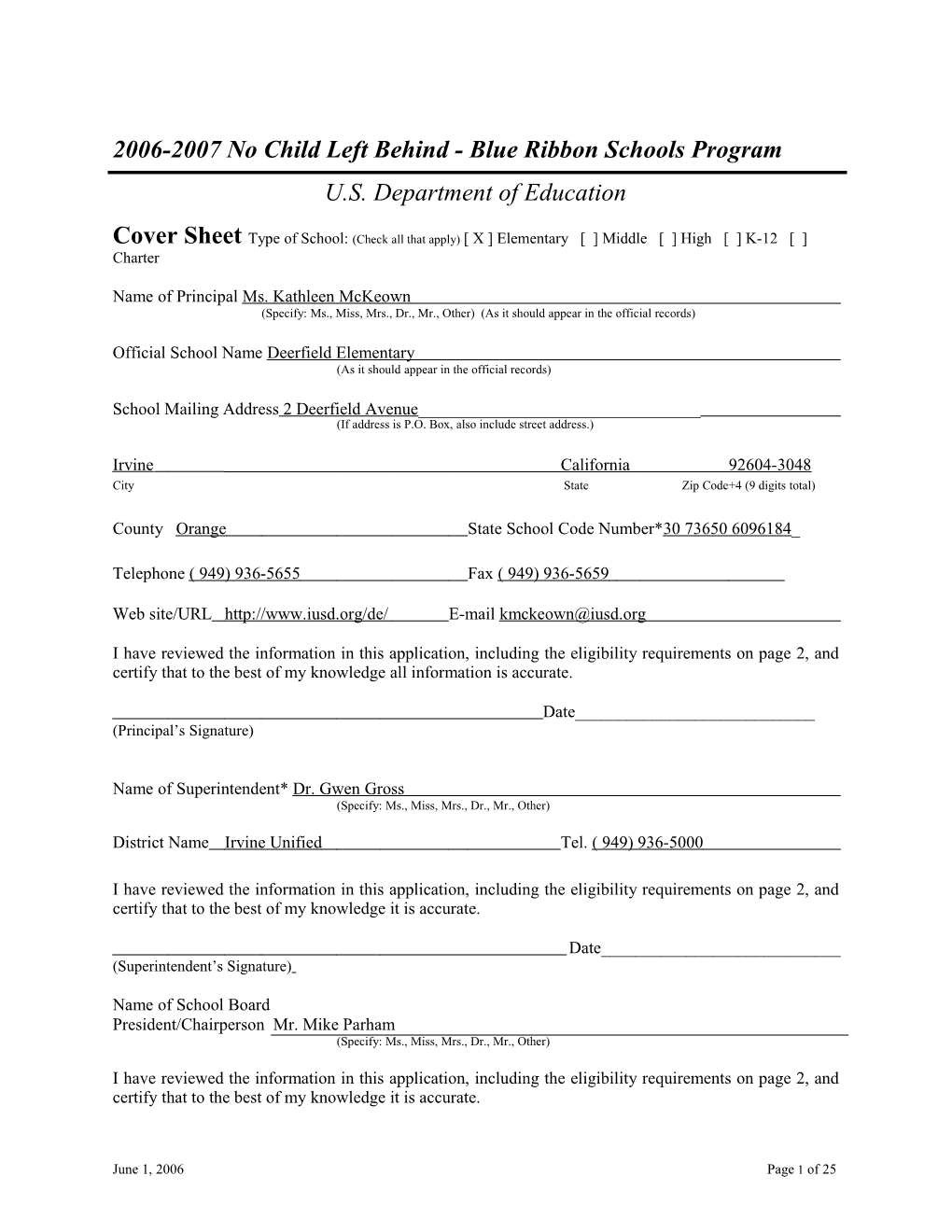 Application: 2006-2007, No Child Left Behind - Blue Ribbon Schools Program (MS Word)