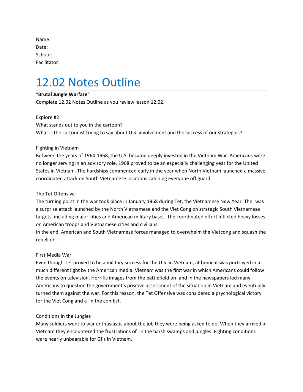 Complete12.02 Notes Outline As You Review Lesson 12.02