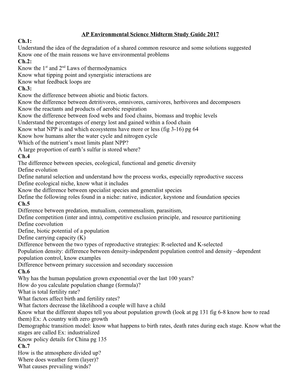 AP Environmental Science Midterm Study Guide 2017