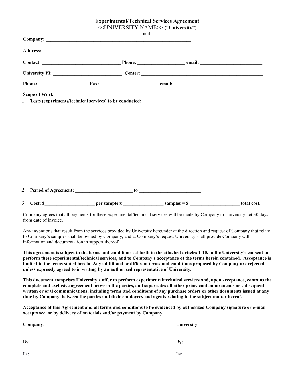 Experimental/Technical Services Agreement
