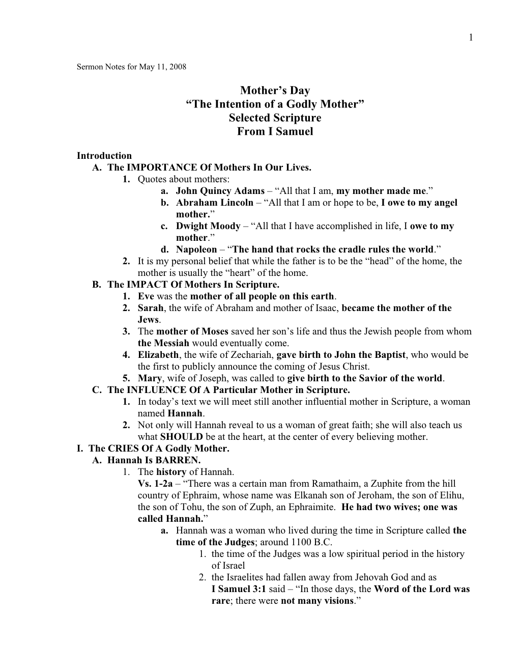 Sermon Notes for May 11, 2008