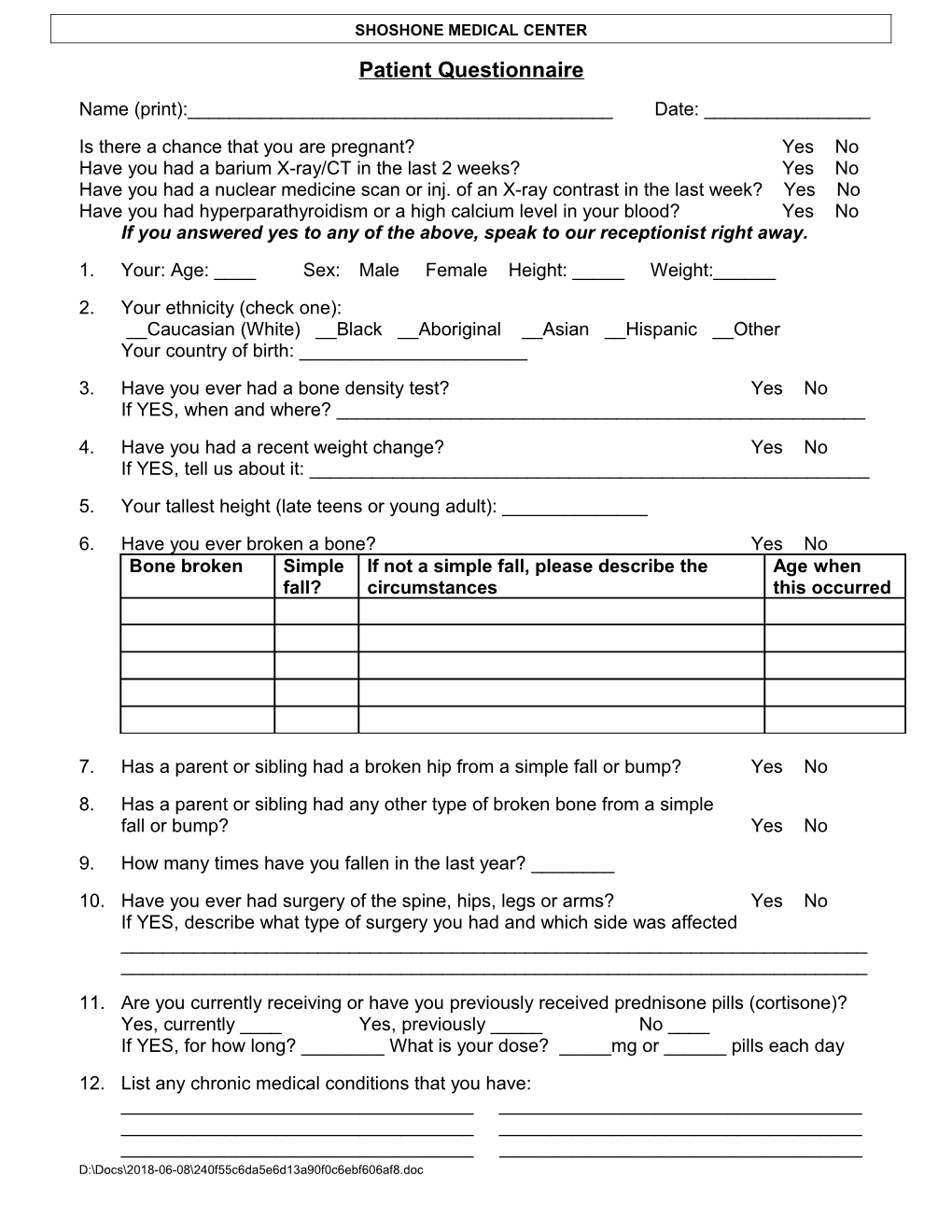 BMD Patient Intake Questionaire