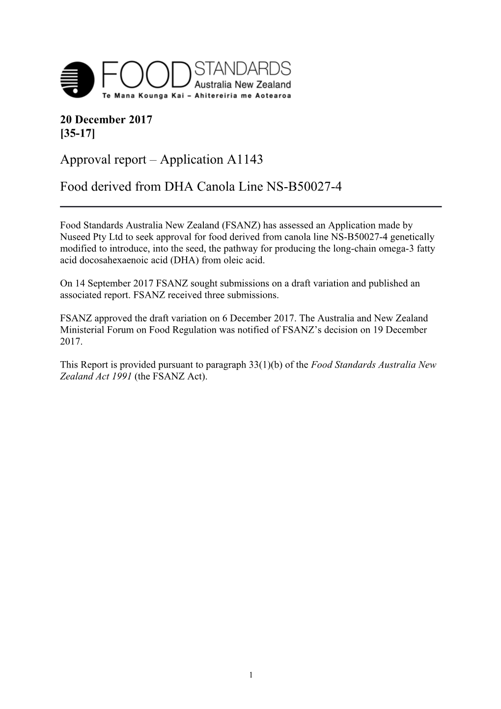 Food Derived from DHA Canola Line NS-B50027-4