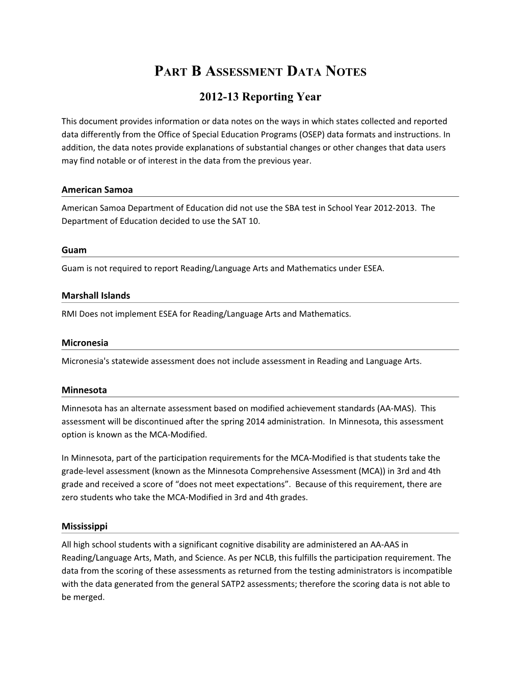 Part B Assessment Data Notes