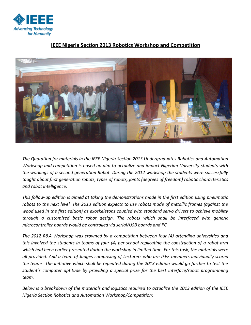 IEEE Nigeria Section 2013 Robotics Workshop and Competition