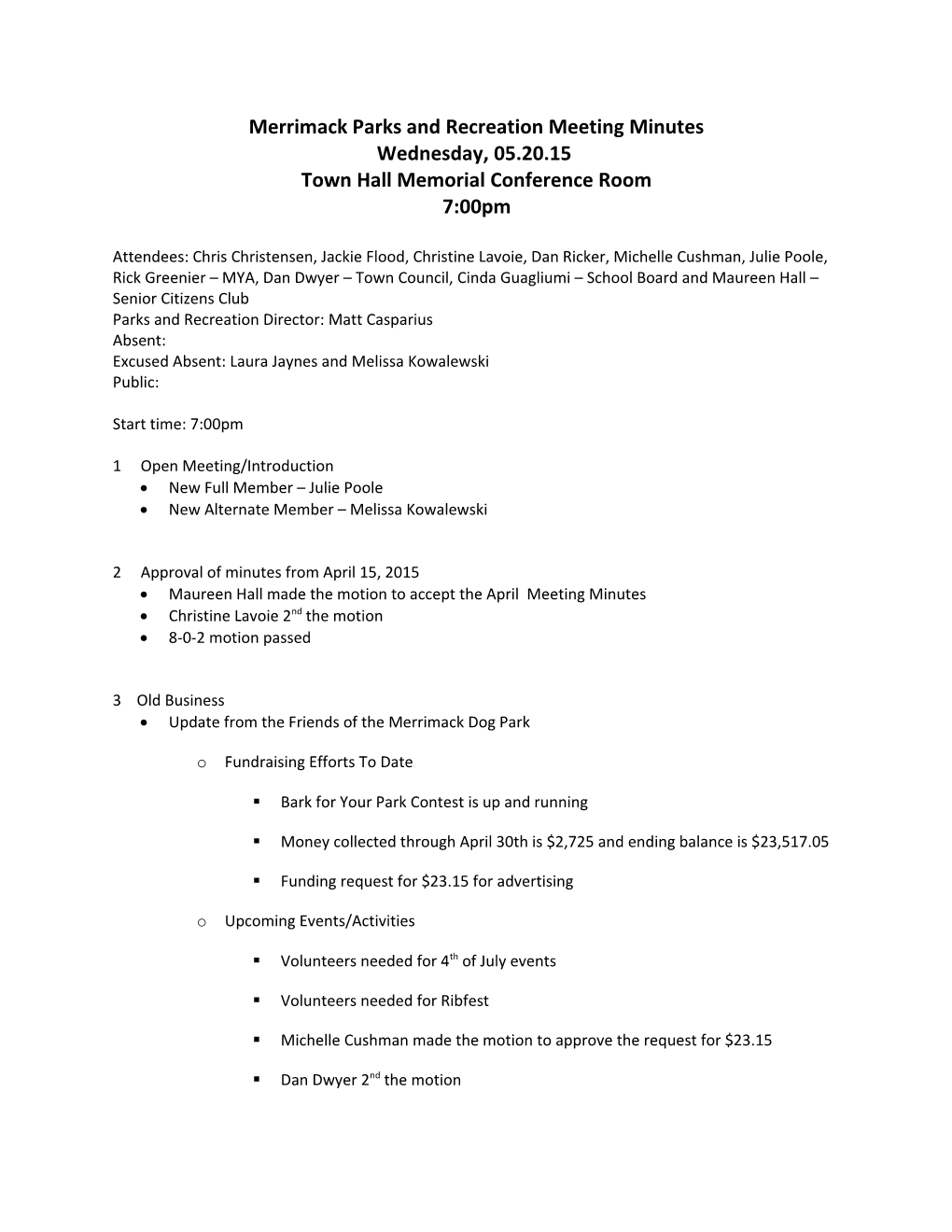 Merrimack Parks and Recreation Meeting Minutes