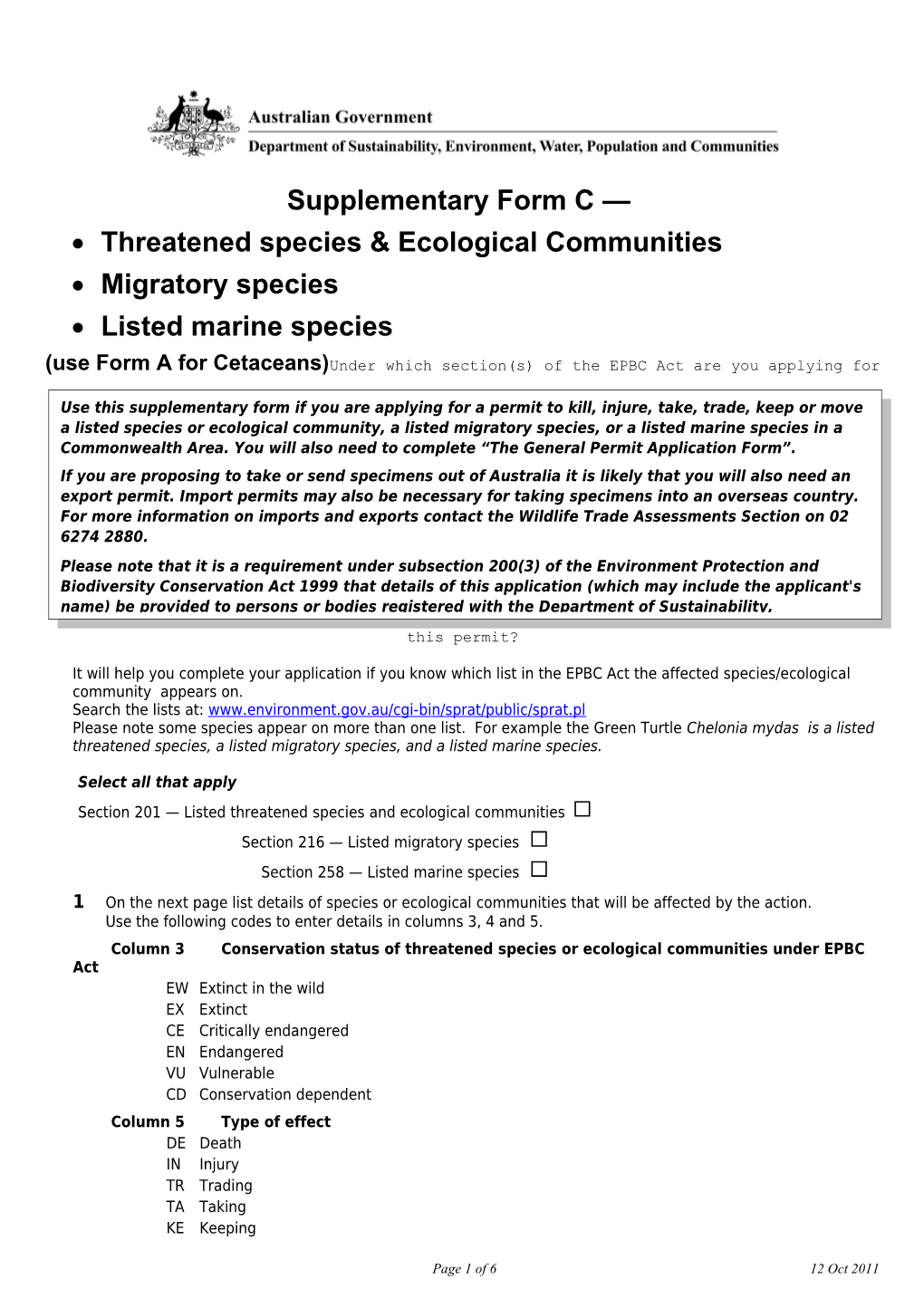 Supplementary Form C - Protected Species Permit Application
