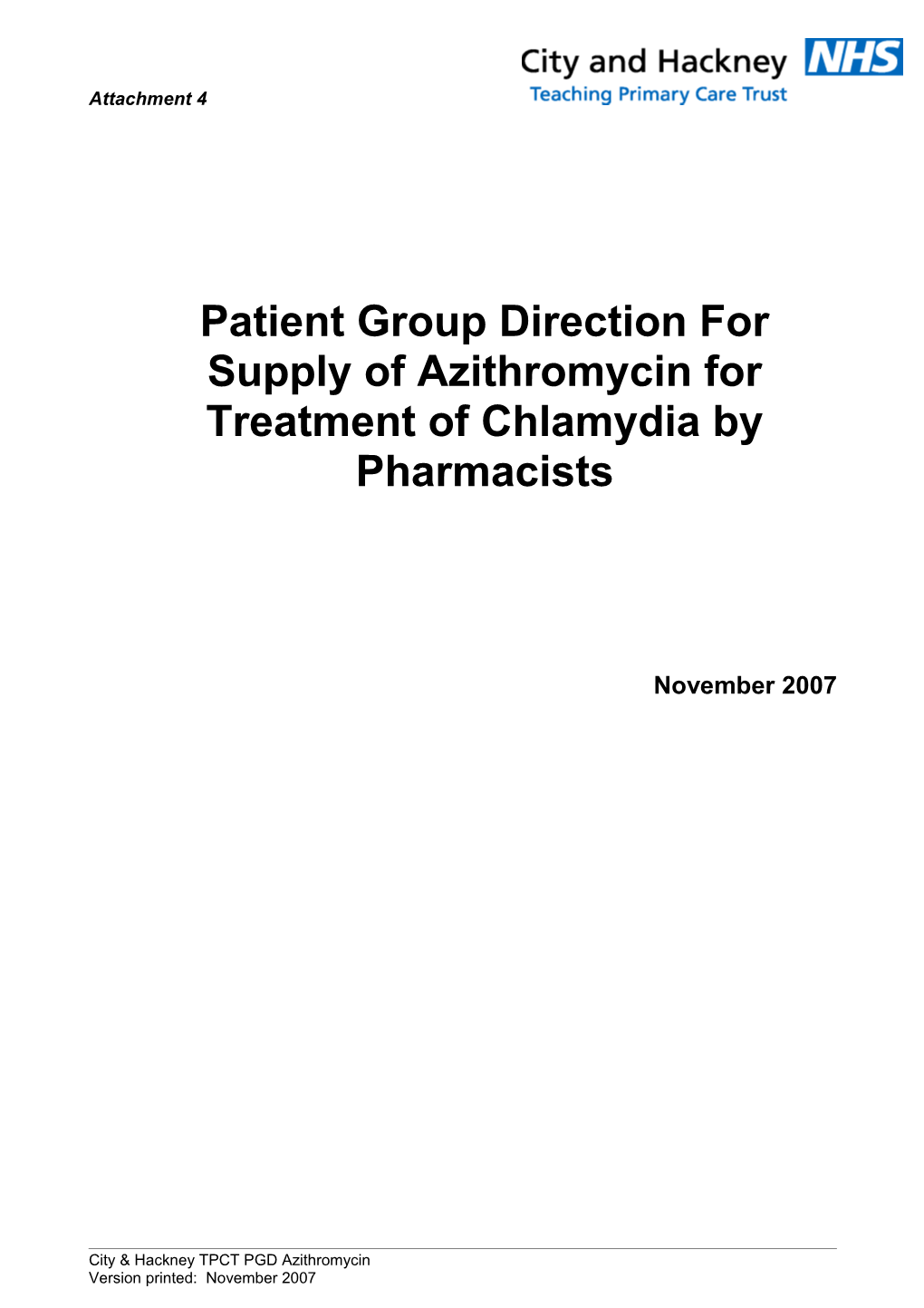 Patient Group Direction for Supply of Azithromycin for Treatment of Chlamydia by Pharmacists