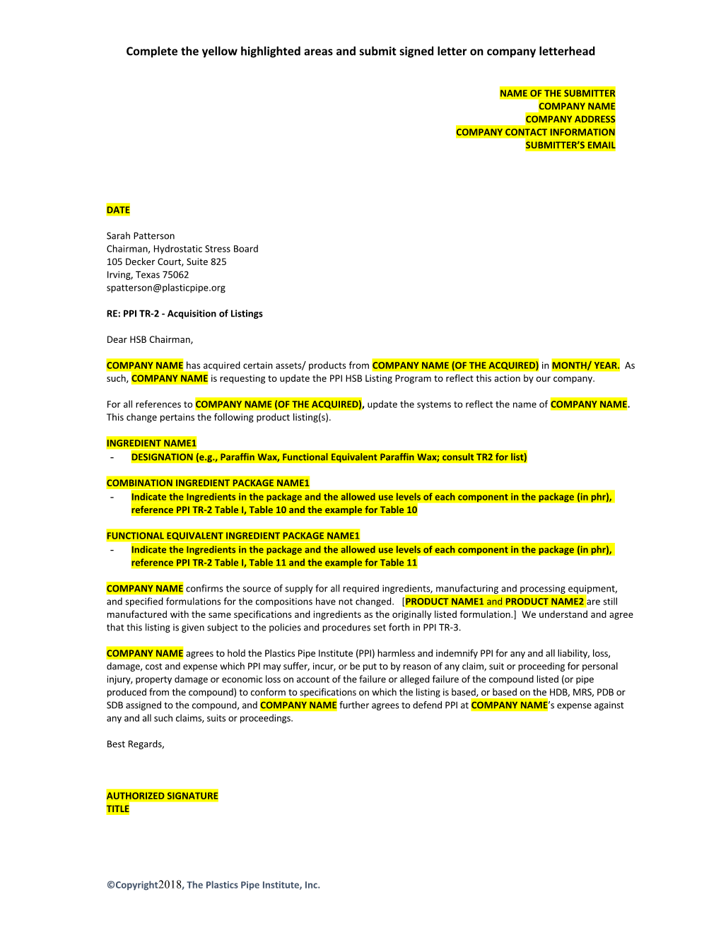 Complete the Yellow Highlighted Areas and Submit Signed Letter on Company Letterhead