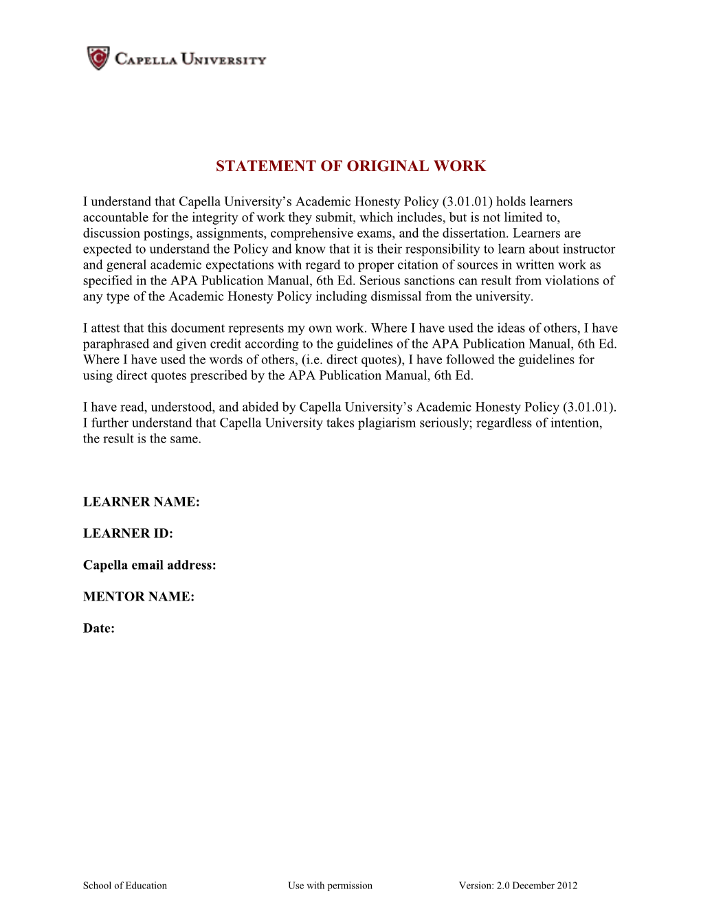 Statement of Original Work