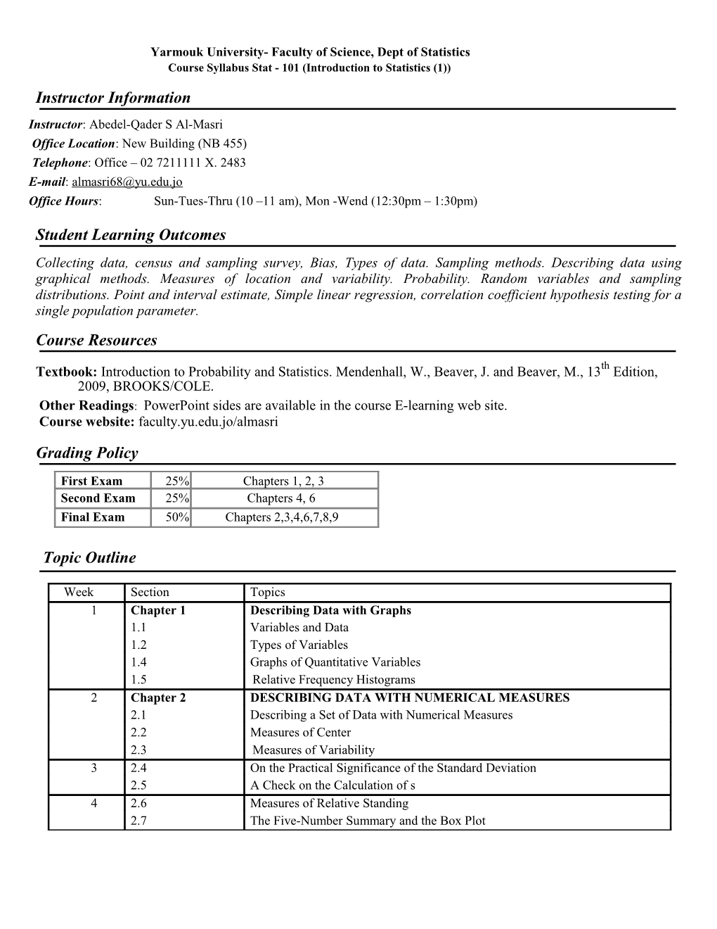 Yarmouk University- Faculty of Science, Dept of Statistics