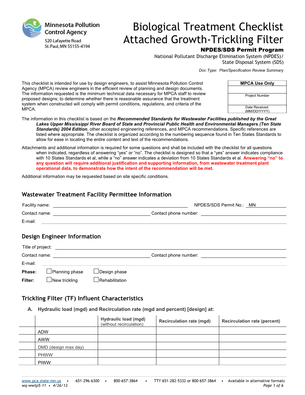 Biological Treatment Checklist - Attached Growth-Trickling Filter