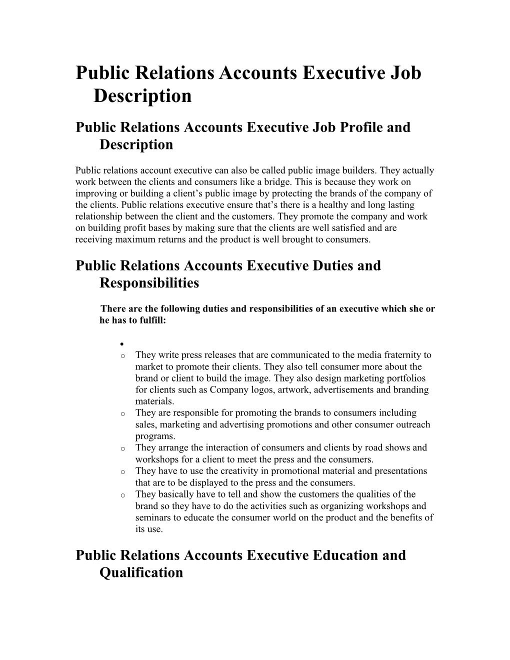 Public Relations Accounts Executive Job Description