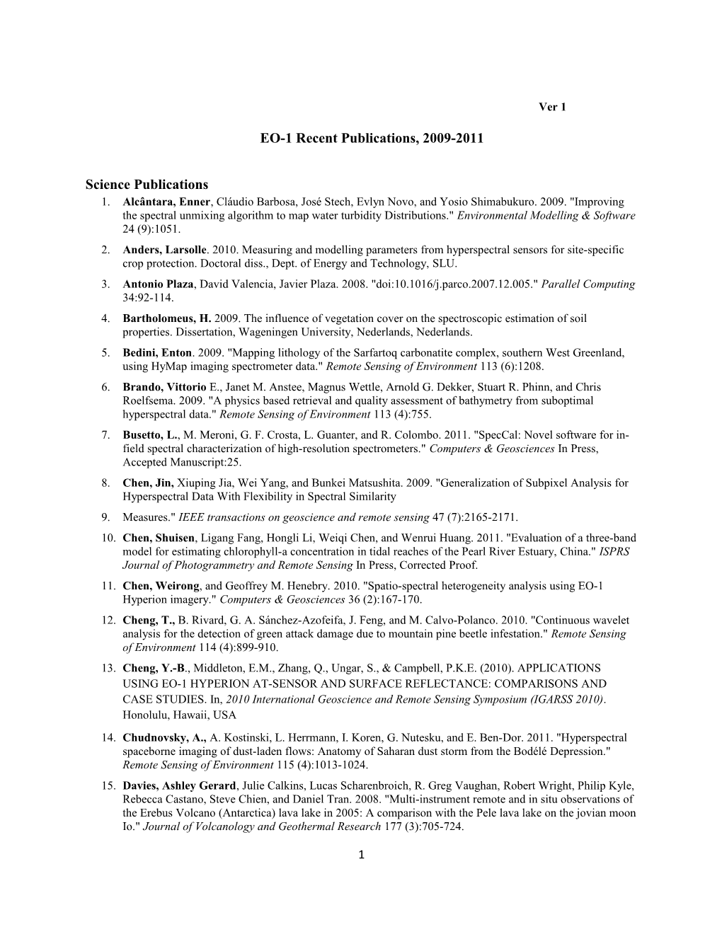 EO-1 Recent Publications, 2009-2011