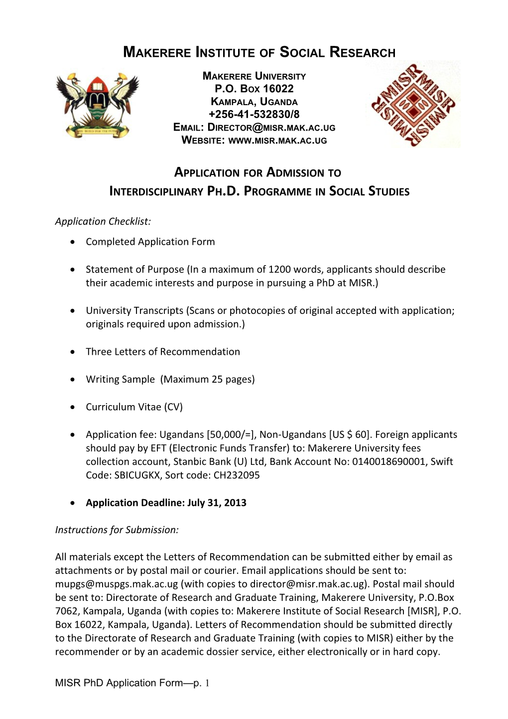 MISR Phd Application Form