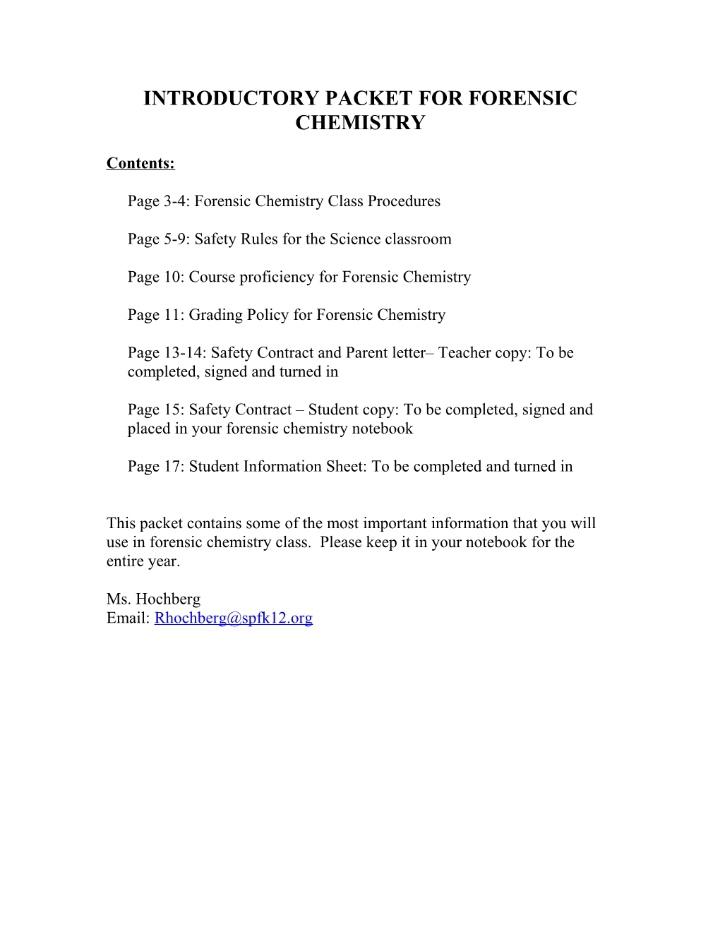 Introductory Packet for Forensic Chemistry
