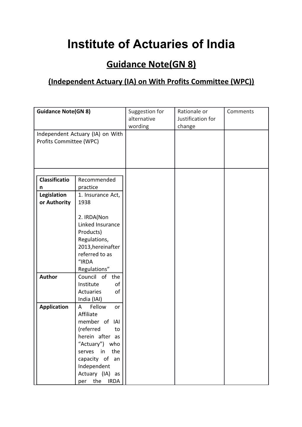 Independent Actuary (IA) on with Profits Committee (WPC