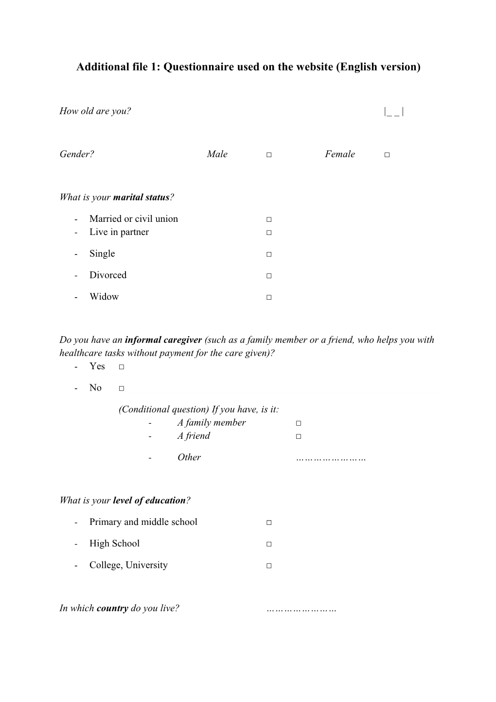 Additional File 1 : Questionnaire Used on the Website (English Version)