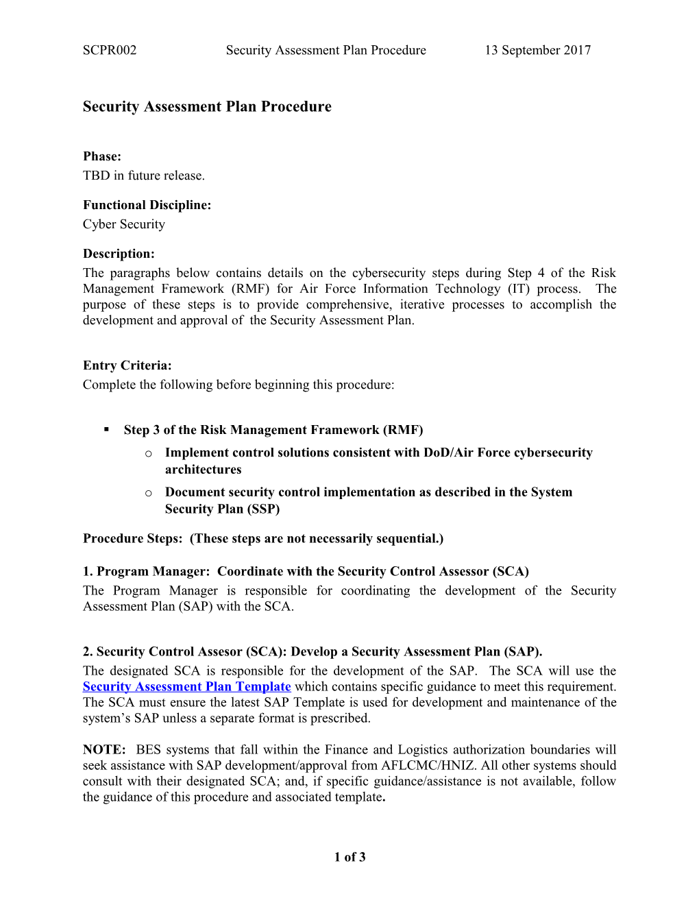 Security Assessment Plan Procedure