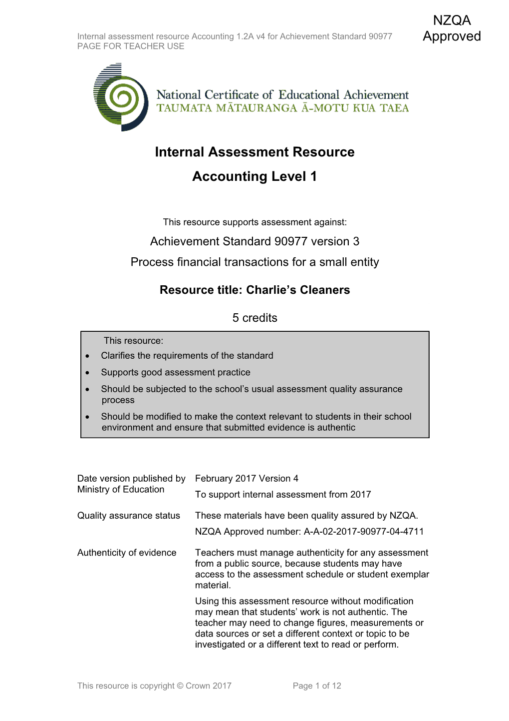 Level 1 Accounting Internal Assessment Resource