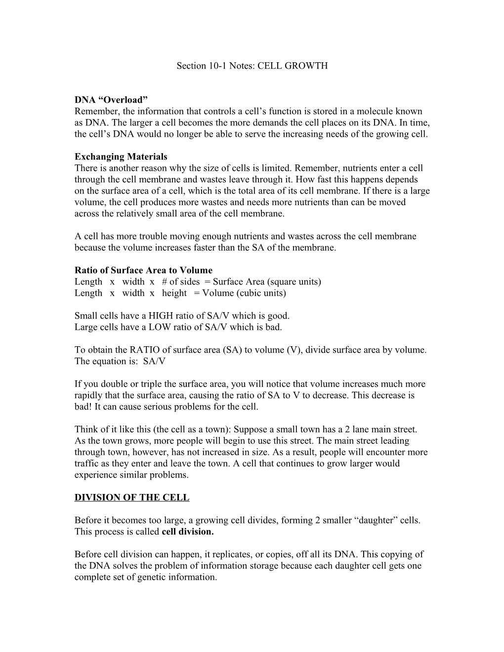 Section 10-1 Notes: CELL GROWTH