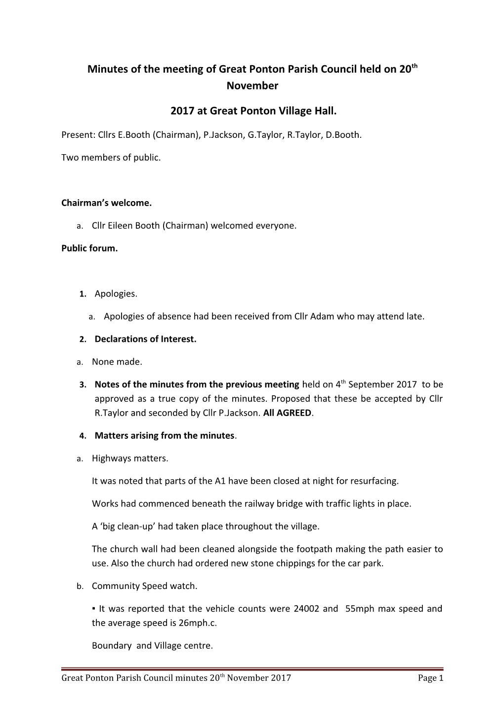 Minutes of the Meeting of Great Ponton Parish Council Held on 20Th November