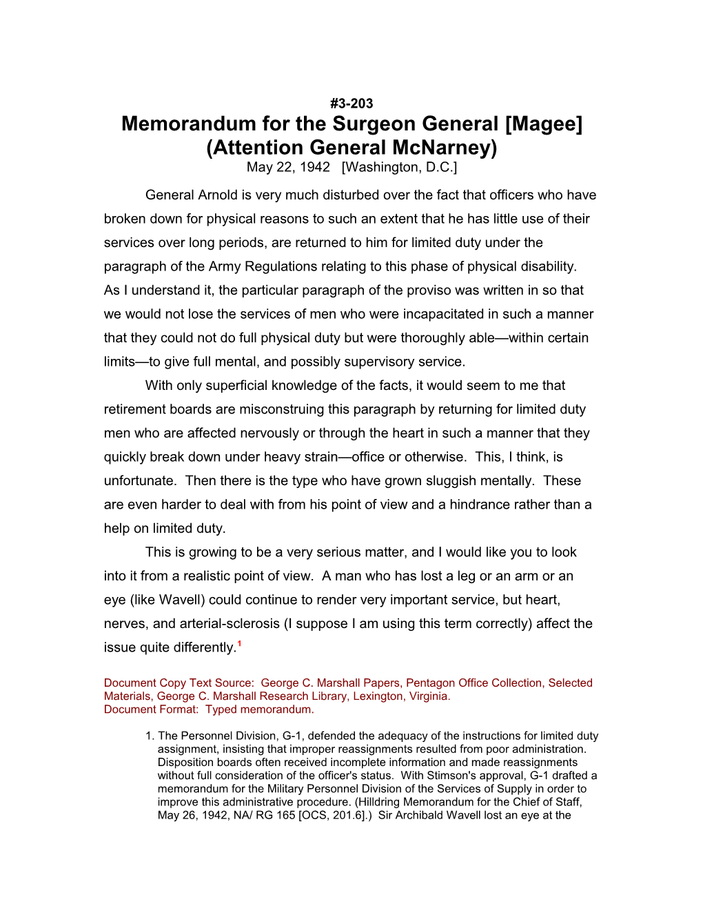 Memorandum for the Surgeon General Magee