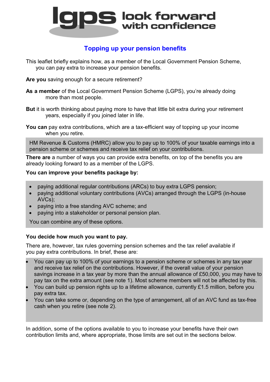 Notes for Increasing Your LGPS Benefits Leaflet