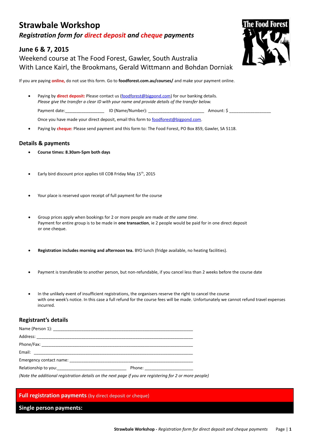 Strawbale Workshop Registration Form for Direct Deposit and Cheque Payments