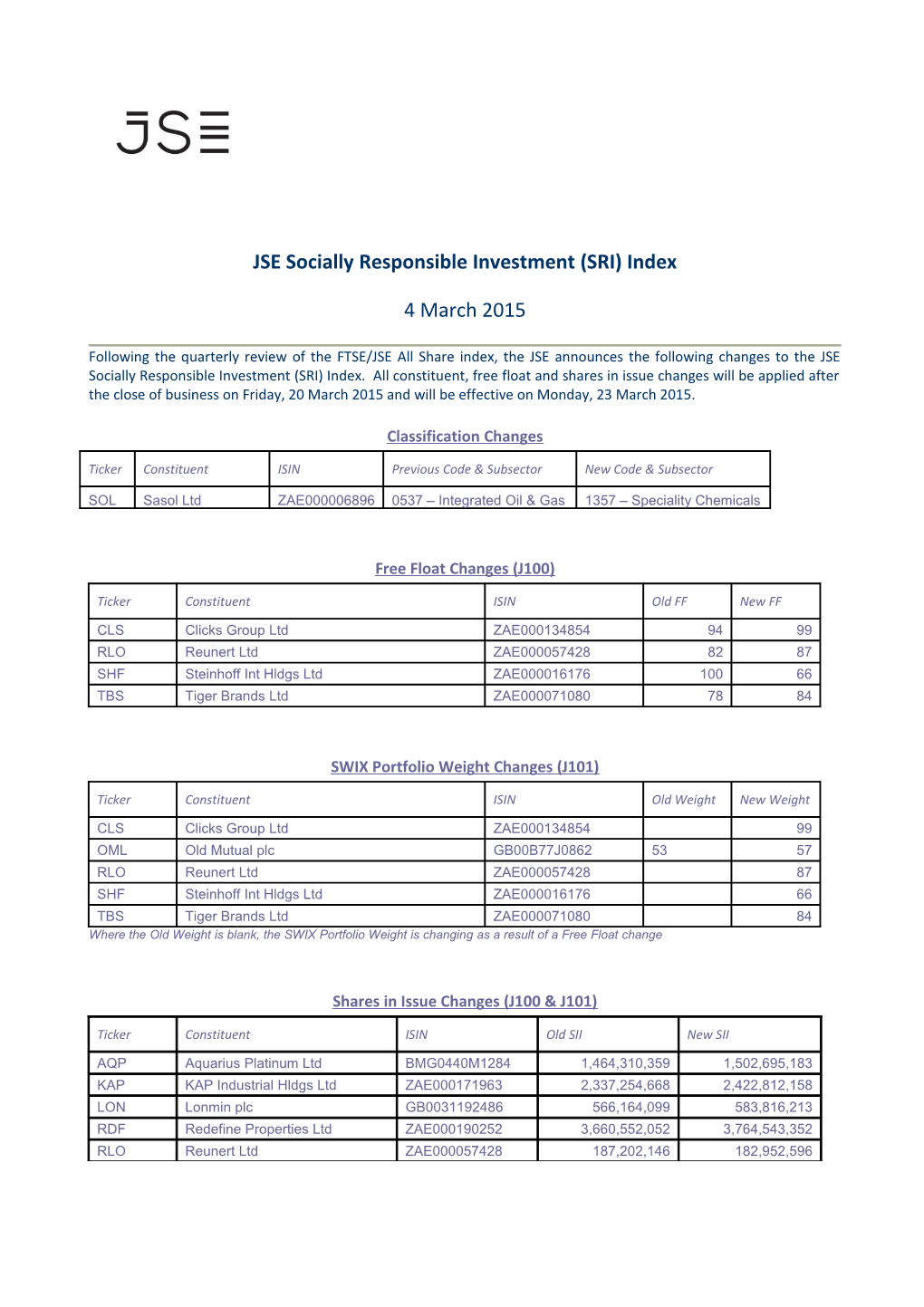 20150323 SRI Changes Due to FTSEJSE March Review