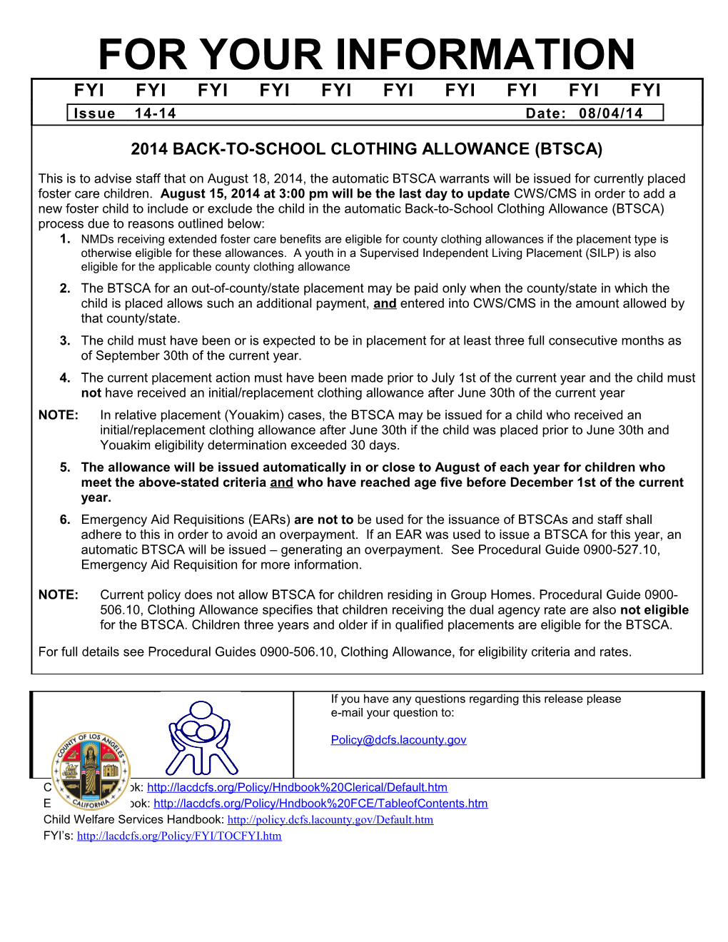 FYI 11-13, Back to School Clothing Allowance (BTSCA)