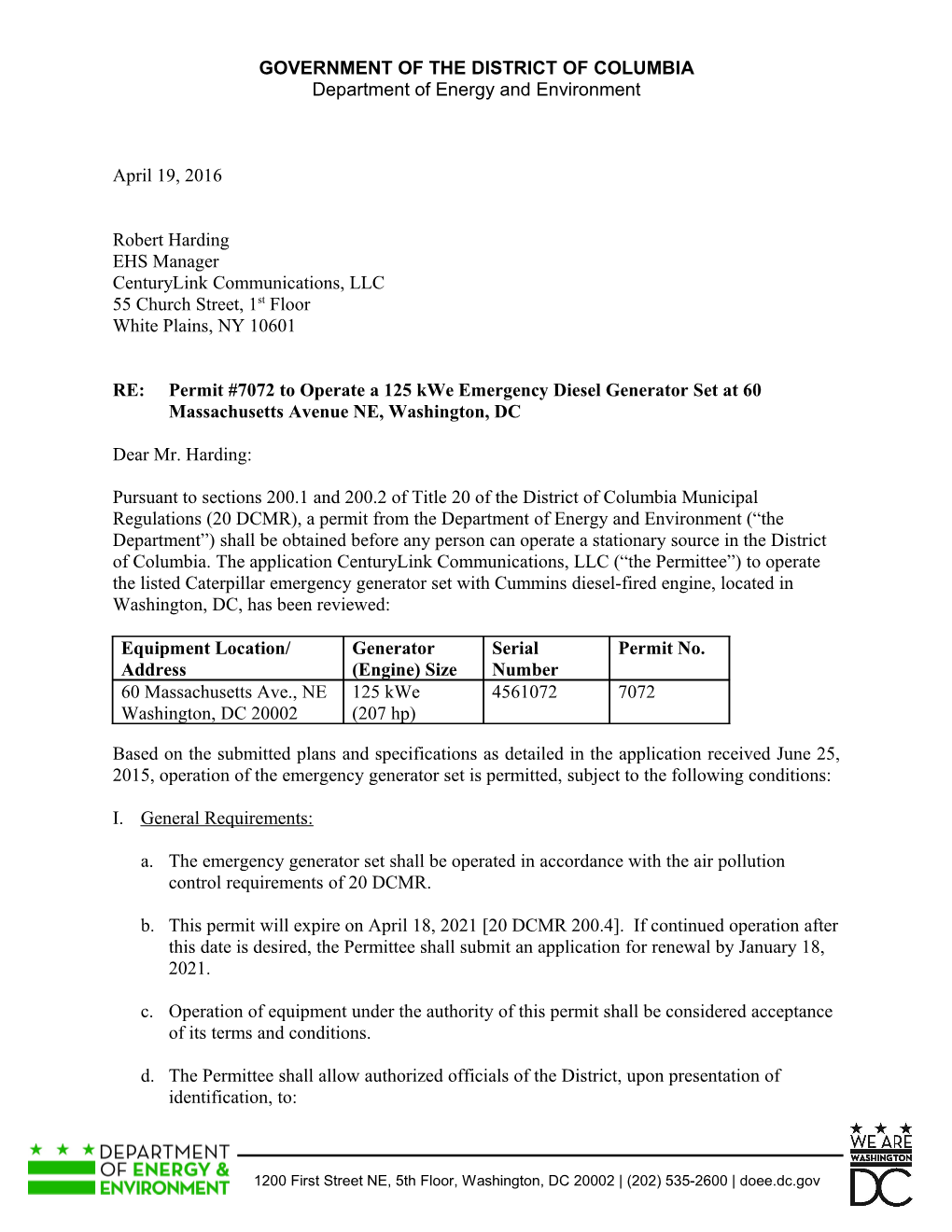 Permit #7072To Operate a 125 Kwe Emergency Generator at 60 Massachusetts Ave. NE