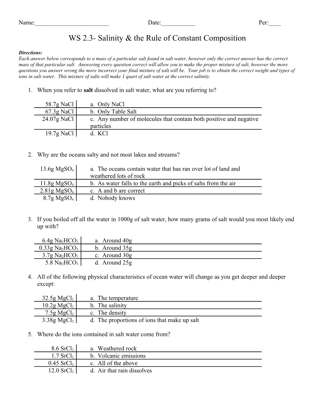 WS 2.3- Salinity & the Rule of Constant Composition