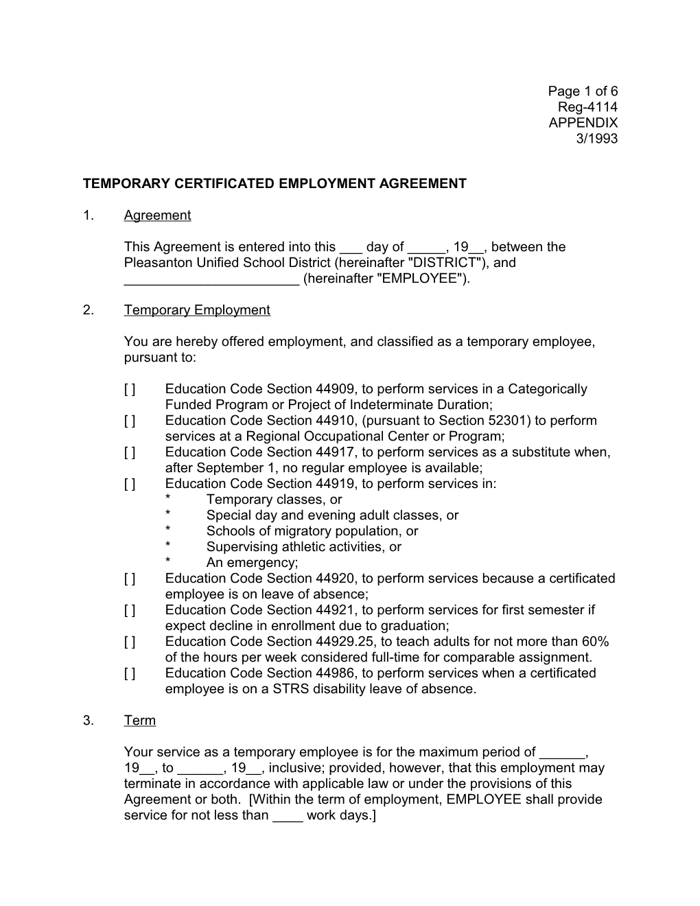 Temporary Certificated Employment Agreement
