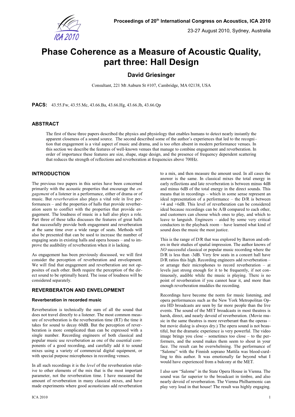 Phase Coherence As a Measure of Acoustic Quality, Part Three: Hall Design