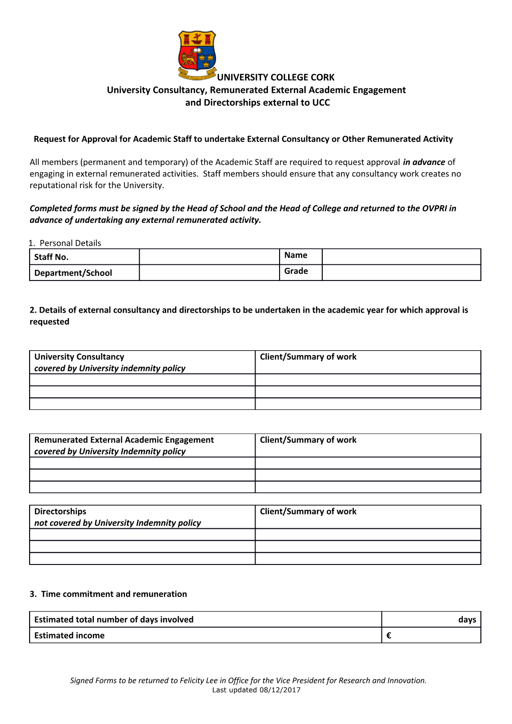 Request for Approval for Academic Staff to Undertake External Consultancy Or Other Remunerated