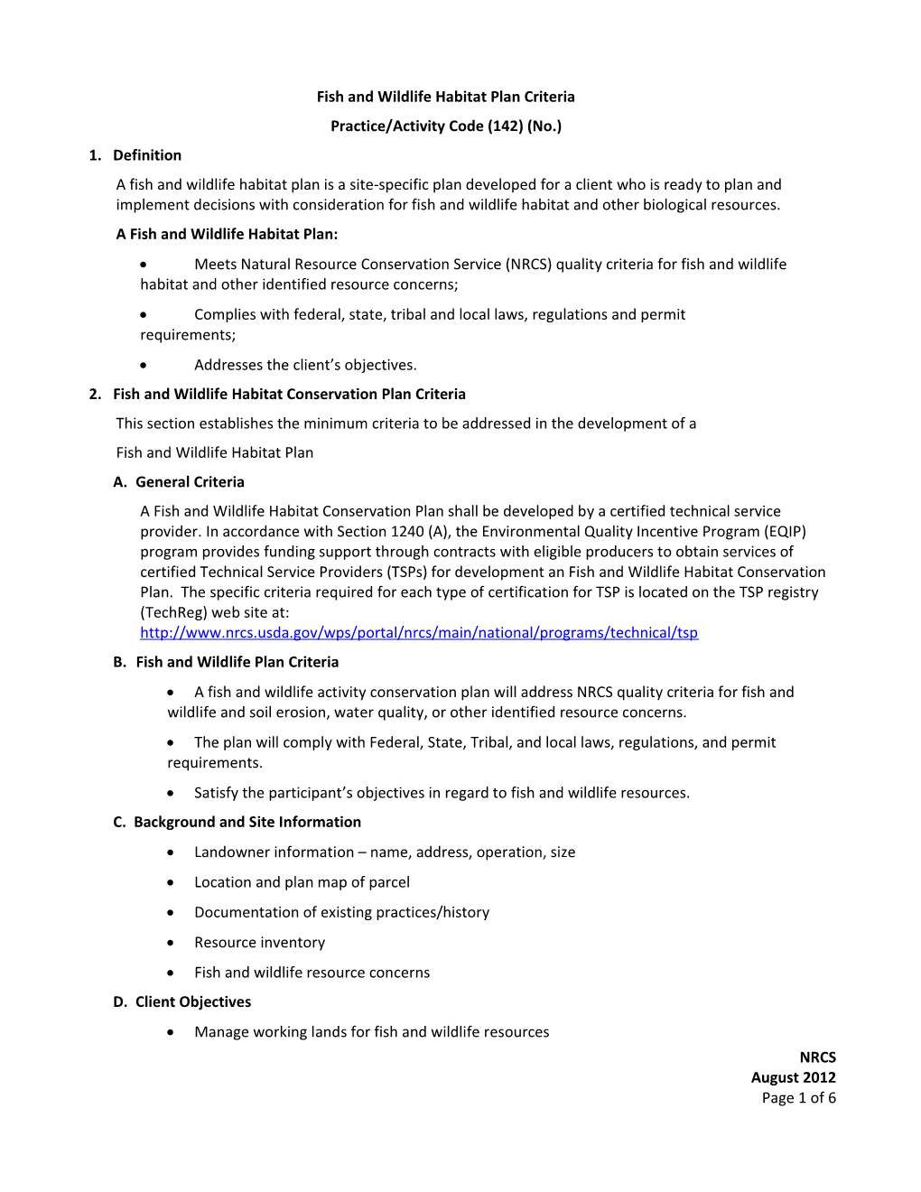 Fishand Wildlife Habitat Plan Criteria