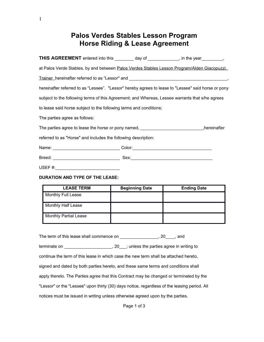 Circle Horse Lease Agreement