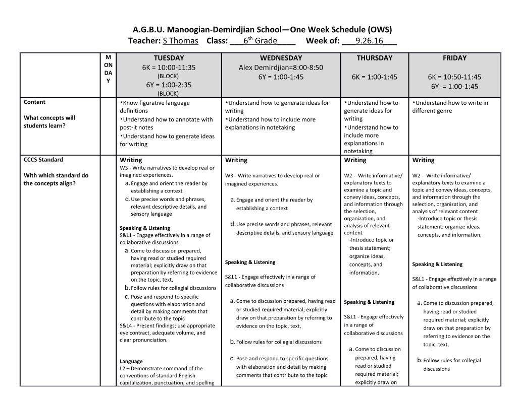 A.G.B.U. Manoogian-Demirdjian School One Week Schedule (OWS) s3