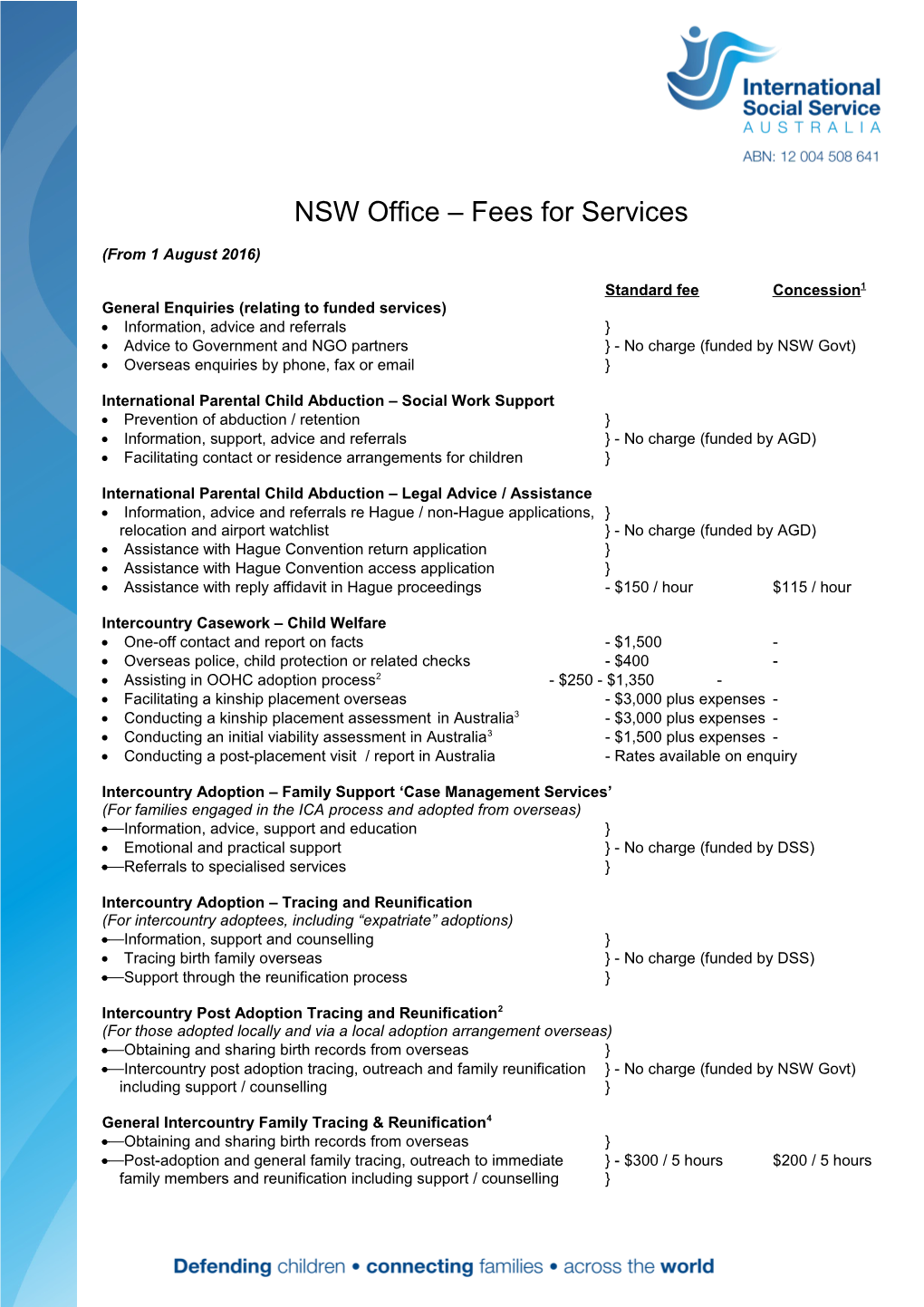 National Office Fees for Service