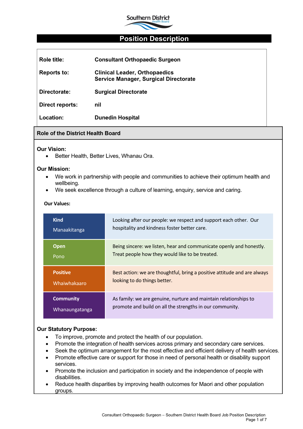 Role Title: Consultant Orthopaedic Surgeon