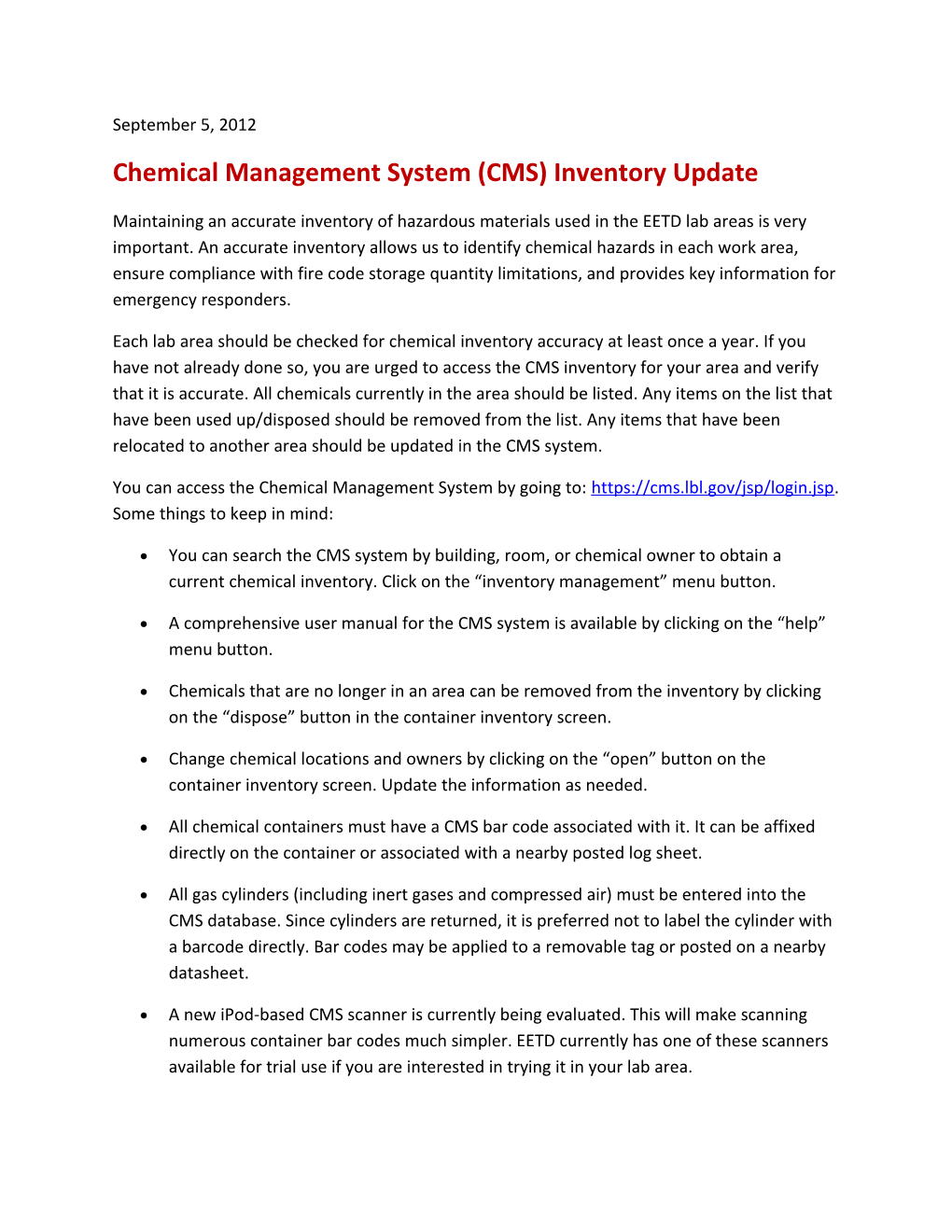 Chemical Management System (CMS) Inventory Update