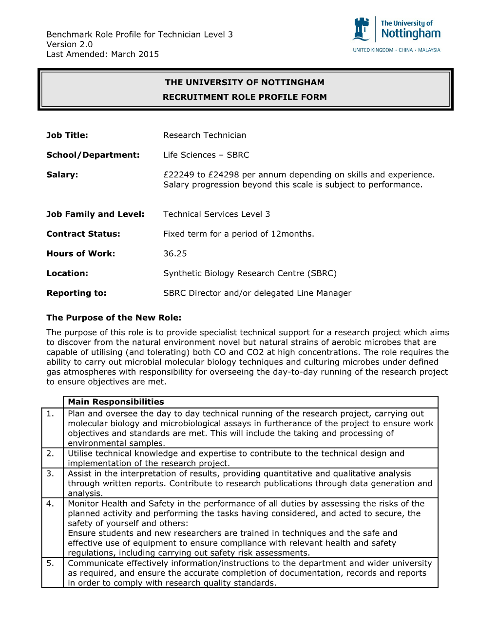 Benchmark Role Profile for Technician Level 3