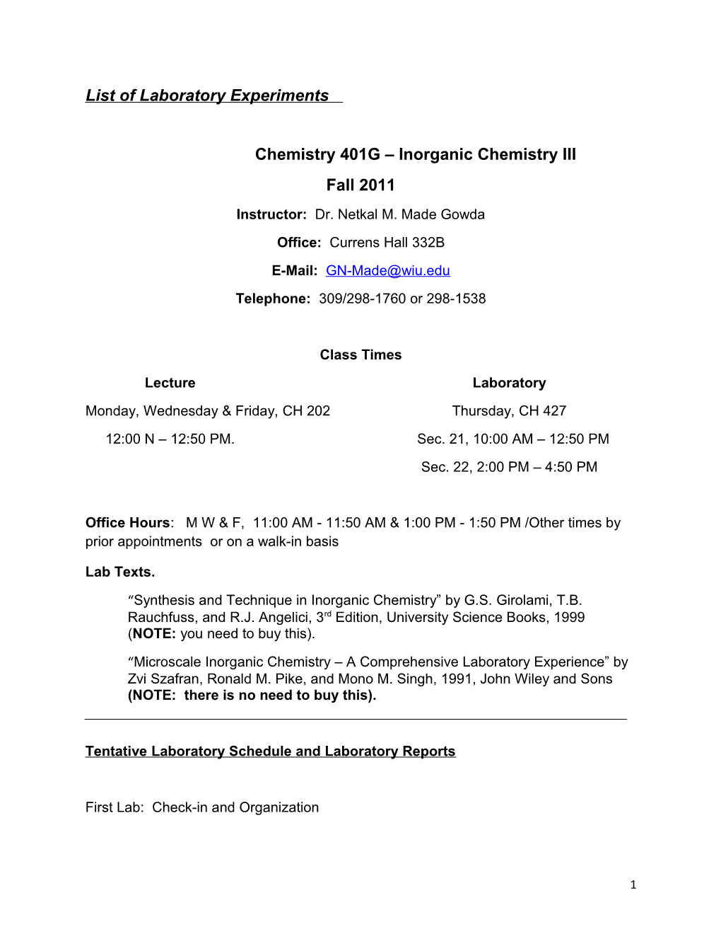 Chemistry 401G Inorganic Chemistry III