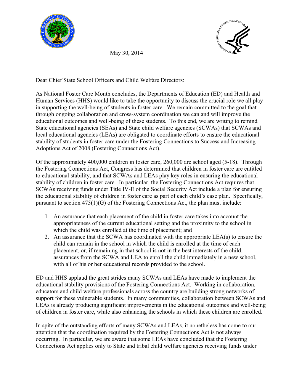 Letter on Implementing the Fostering Connections Act - May 30, 2014 (MS Word)