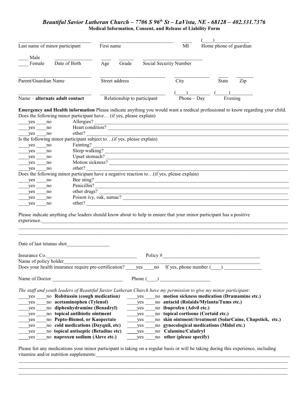 Medical, Consent, and Release of Liability Form